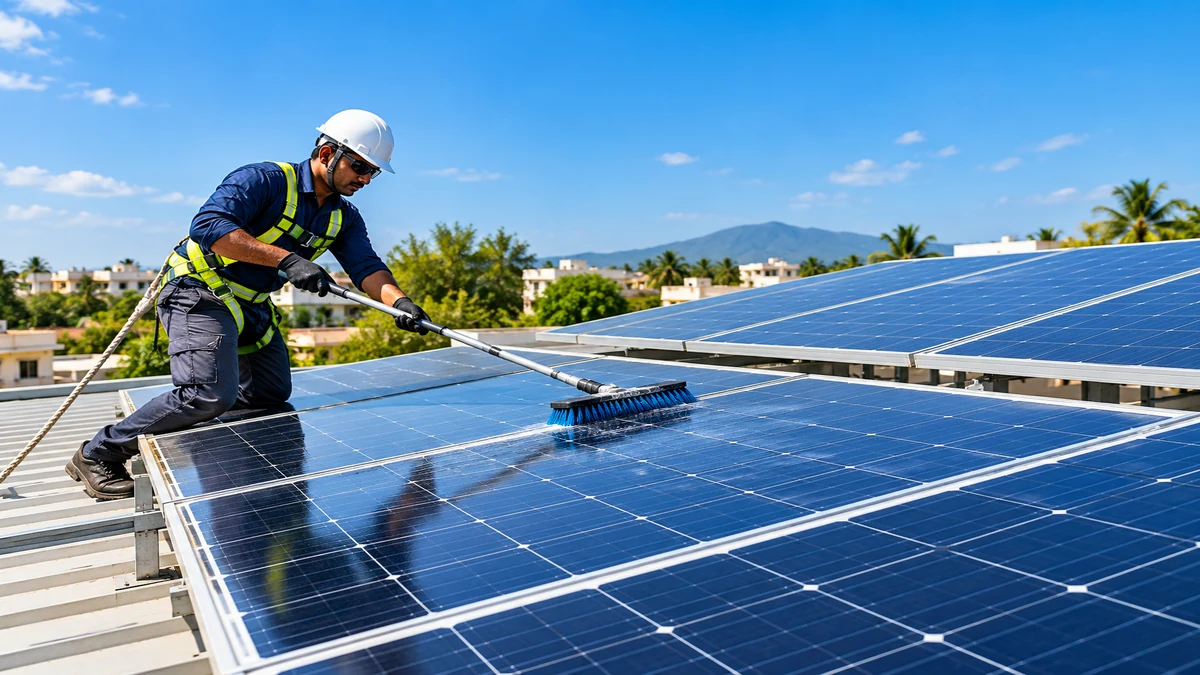 Solar technician cleaning rooftop solar panels during maintenance
